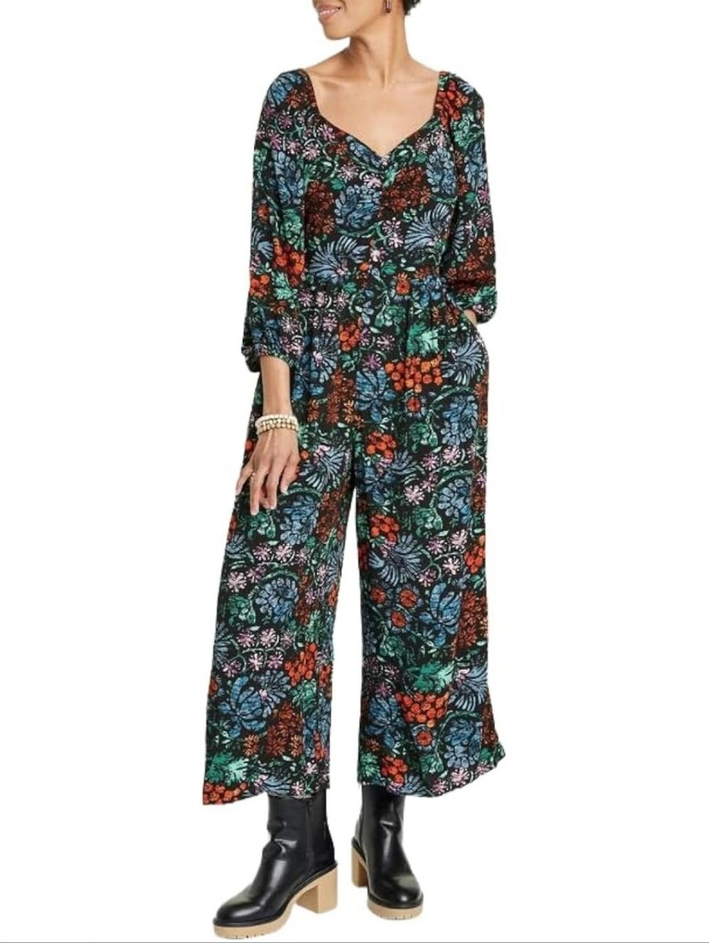 Knox Rose | Puff 3/4 Sleeve Jumpsuit - Black Floral